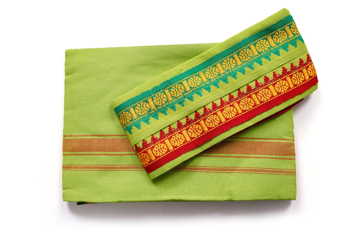 Green Dhoti with Multicolor Zari Border | Traditional Veshti