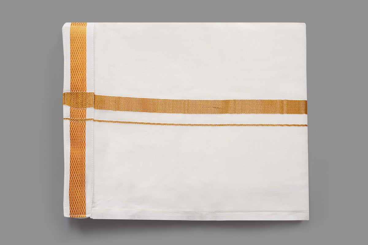 White Dhoti with Wide Gold Zari Border | Traditional Veshti
