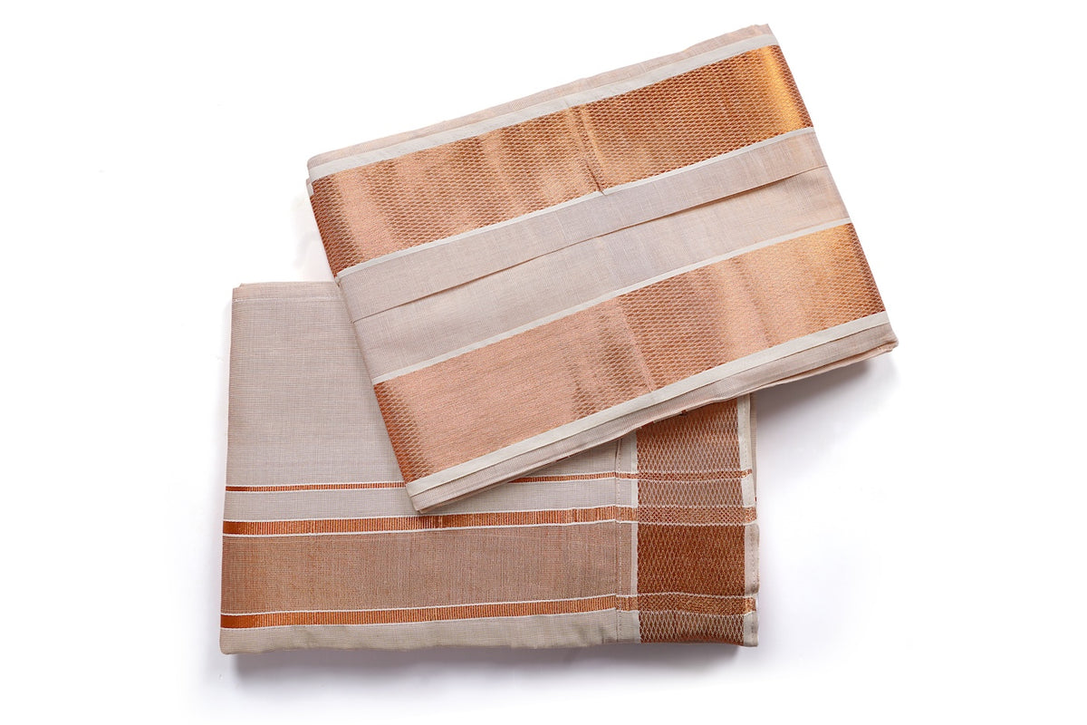 Beige Gold Zari Dhoti | Traditional Cotton Veshti for Men