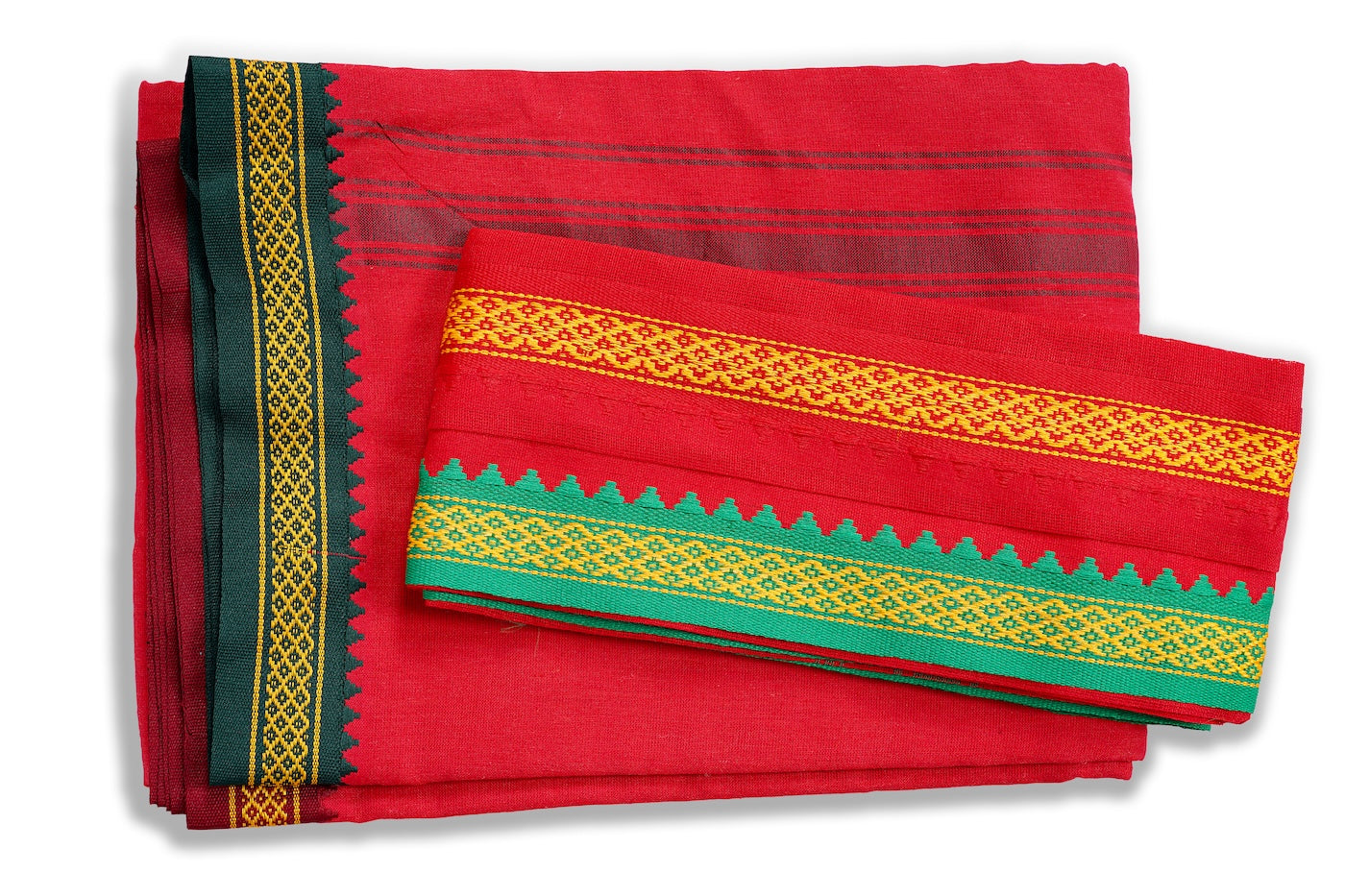 Red Nepali Dhaka Saree with Green Yellow Border | Handwoven Traditional