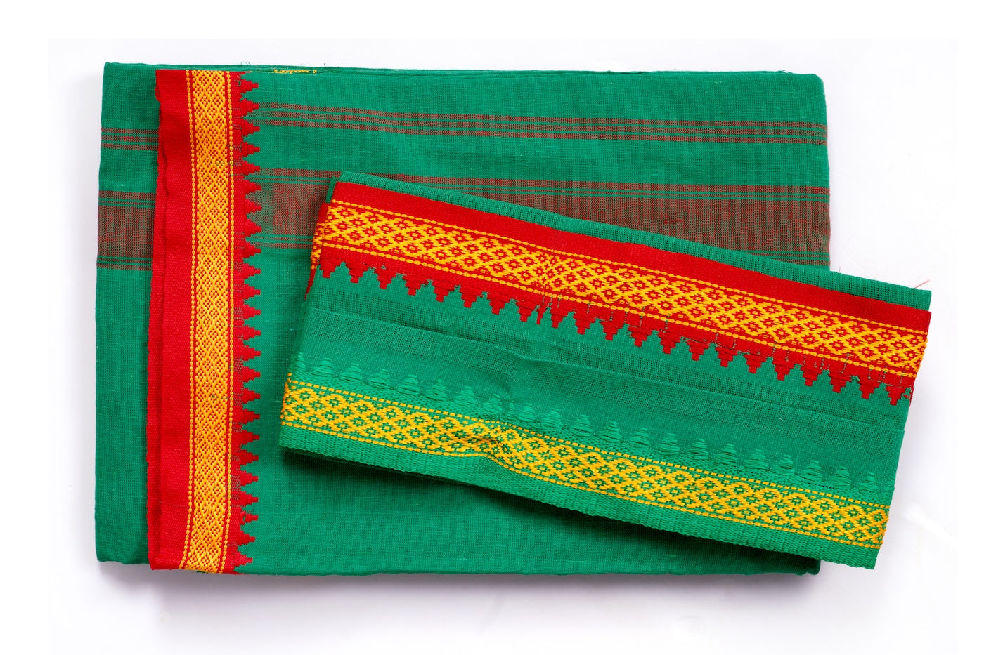 Green Nepali Dhaka Saree with Red Yellow Border | Handwoven Traditional