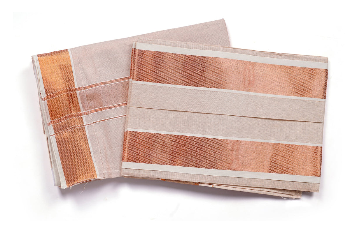 Peach Beige Nepali Dhaka Saree with Copper Orange Border | Handwoven Traditional