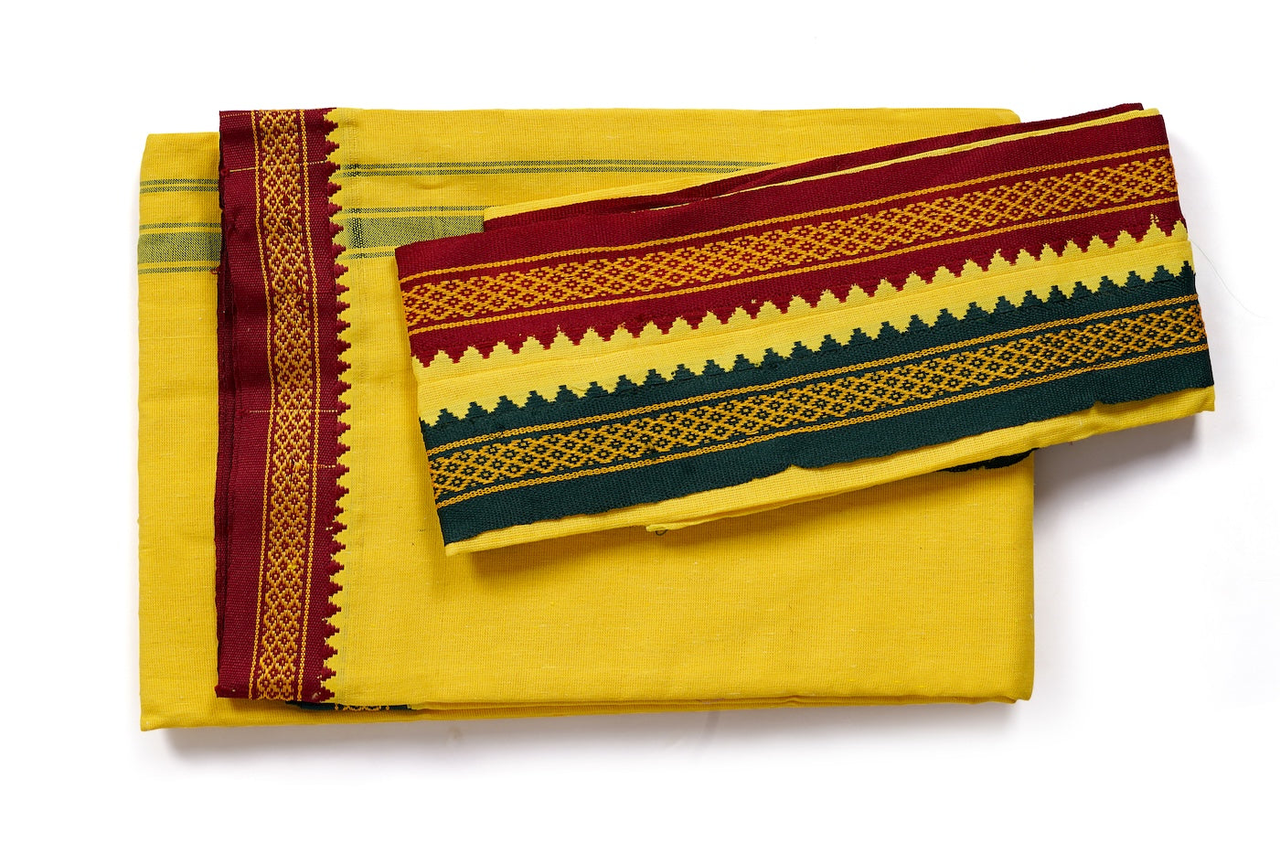 Yellow Nepali Dhaka Saree with Maroon Green Border | Handwoven Traditional