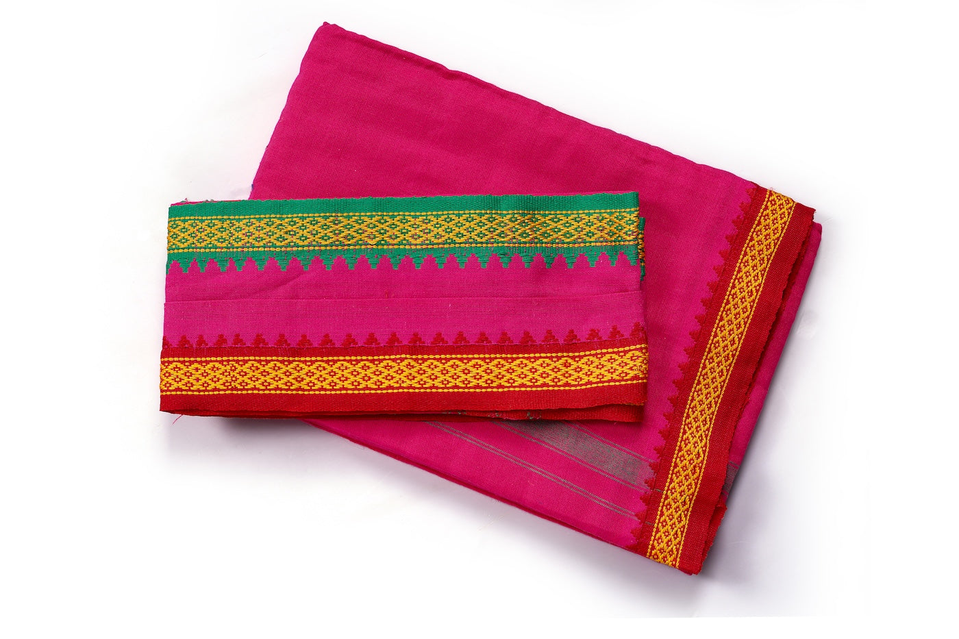 Magenta Pink Nepali Dhaka Saree with Green Yellow Border | Handwoven Traditional