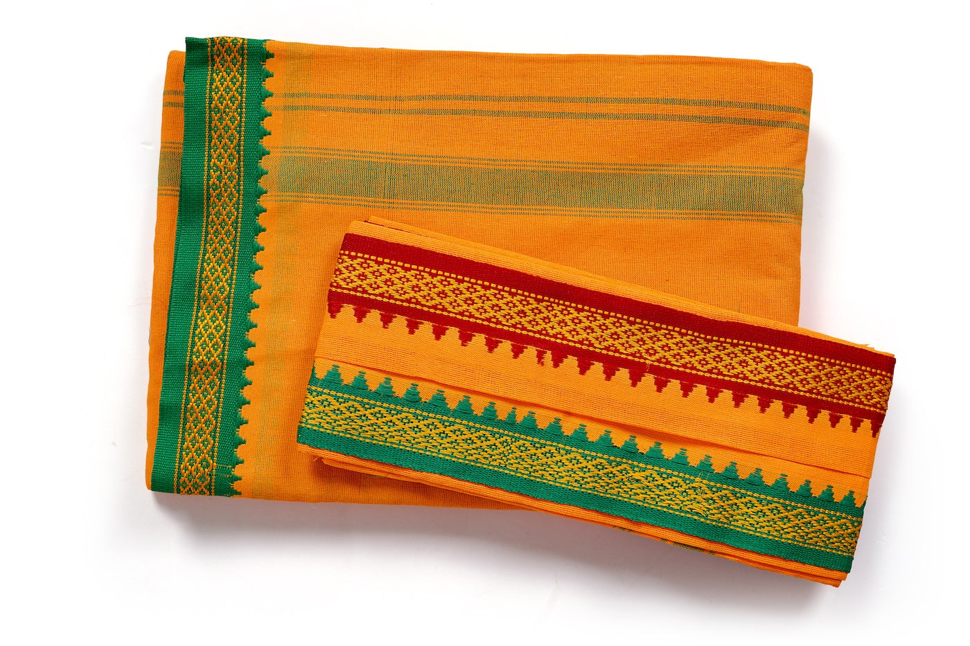 Orange Nepali Dhaka Saree with Green Red Border | Handwoven Traditional