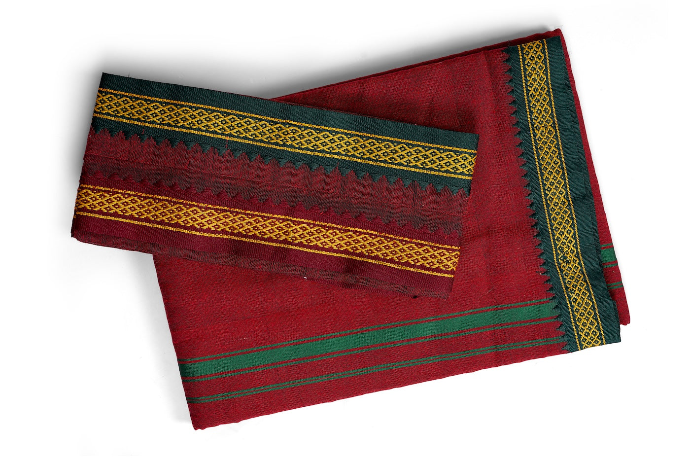 Maroon Nepali Dhaka Saree with Green Yellow Border | Handwoven Traditional