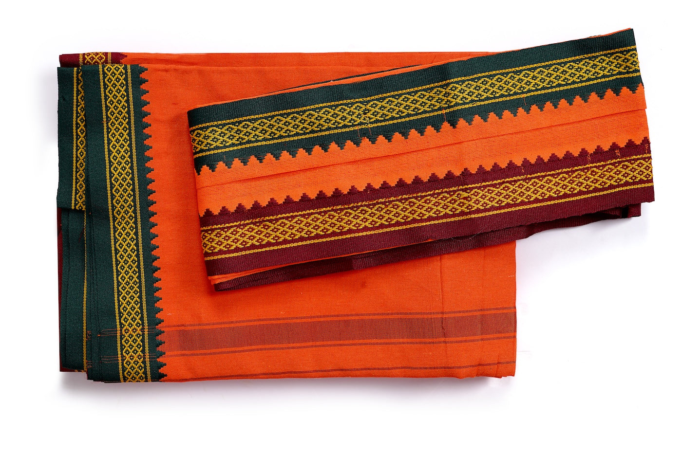 Orange Nepali Dhaka Saree with Maroon Green Border | Handwoven Traditional