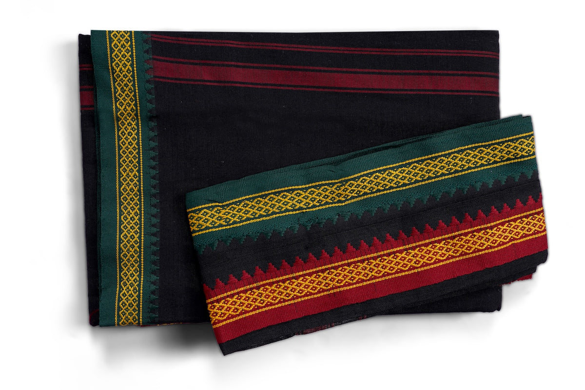 Black Nepali Dhaka Saree with Green Maroon Border | Handwoven Traditional