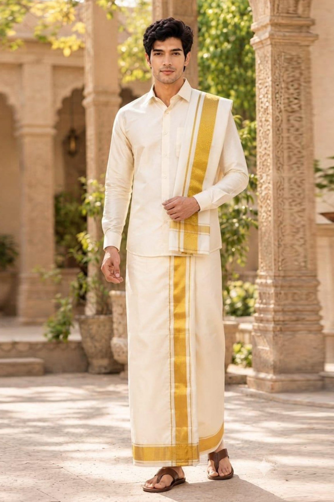Ashwin Cream Vastee + Shirt + Salva Set - Cream