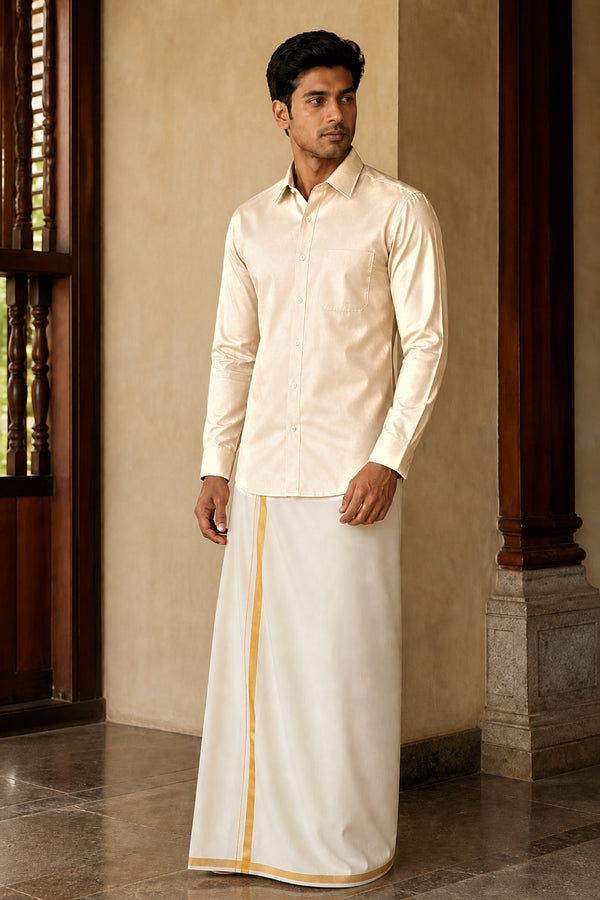 Tattva Shirt - Slim Fit in Beige, polyester silk, full length front view on model