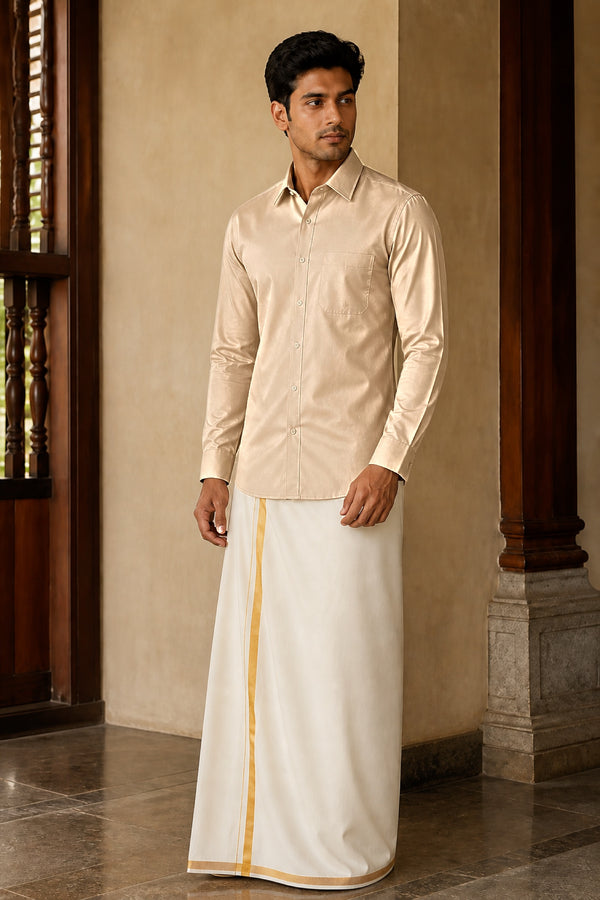 Tattva Shirt - Slim Fit in Khaki, polyester silk, full length front view on model