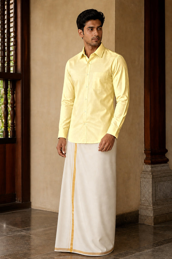 Tattva Shirt - Slim Fit in Lemon Yellow, polyester silk, full length front view on model