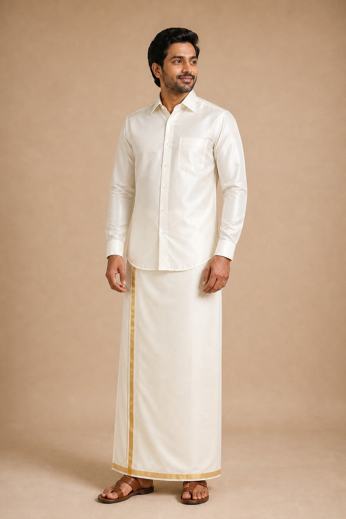 Mark Anderson cream pure silk shirt for men, worn with a cream gold-bordered veshti, full length front view on model