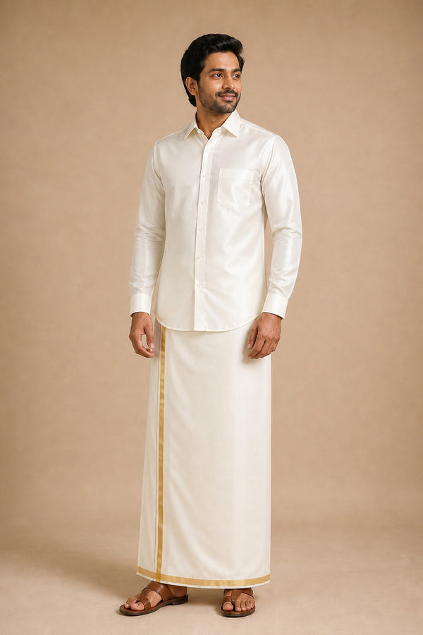 Mark Anderson cream pure silk shirt for men, worn with a cream gold-bordered veshti, full length front view on model