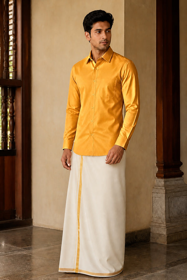 Tattva Shirt - Slim Fit in Mustard, polyester silk, full length front view on model
