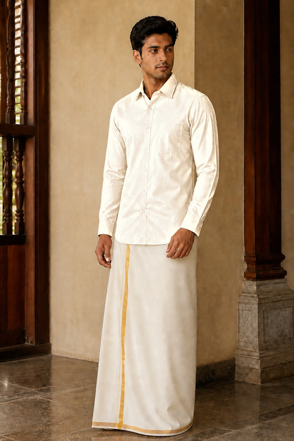 Tattva Shirt - Slim Fit in Off White, polyester silk, full length front view on model