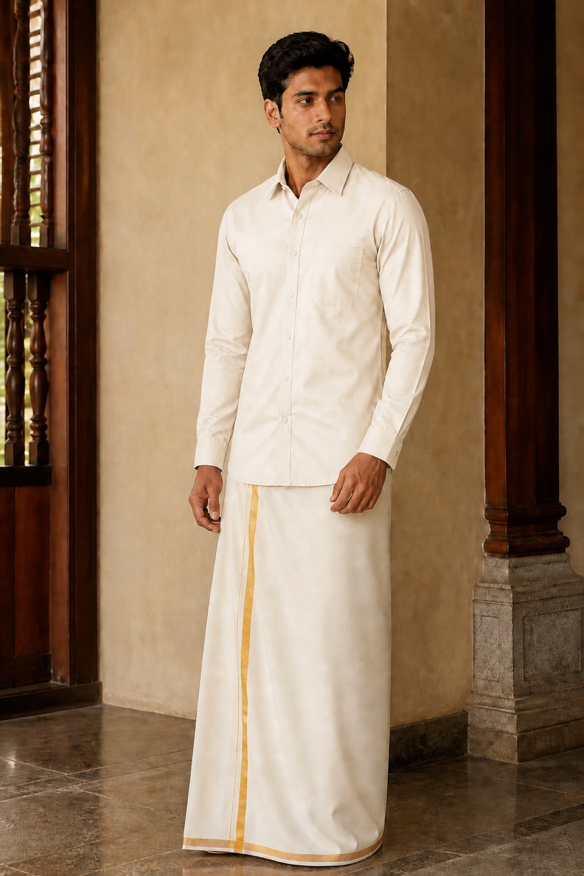 Tattva Shirt - Slim Fit in Off White, polyester silk, full length front view on model