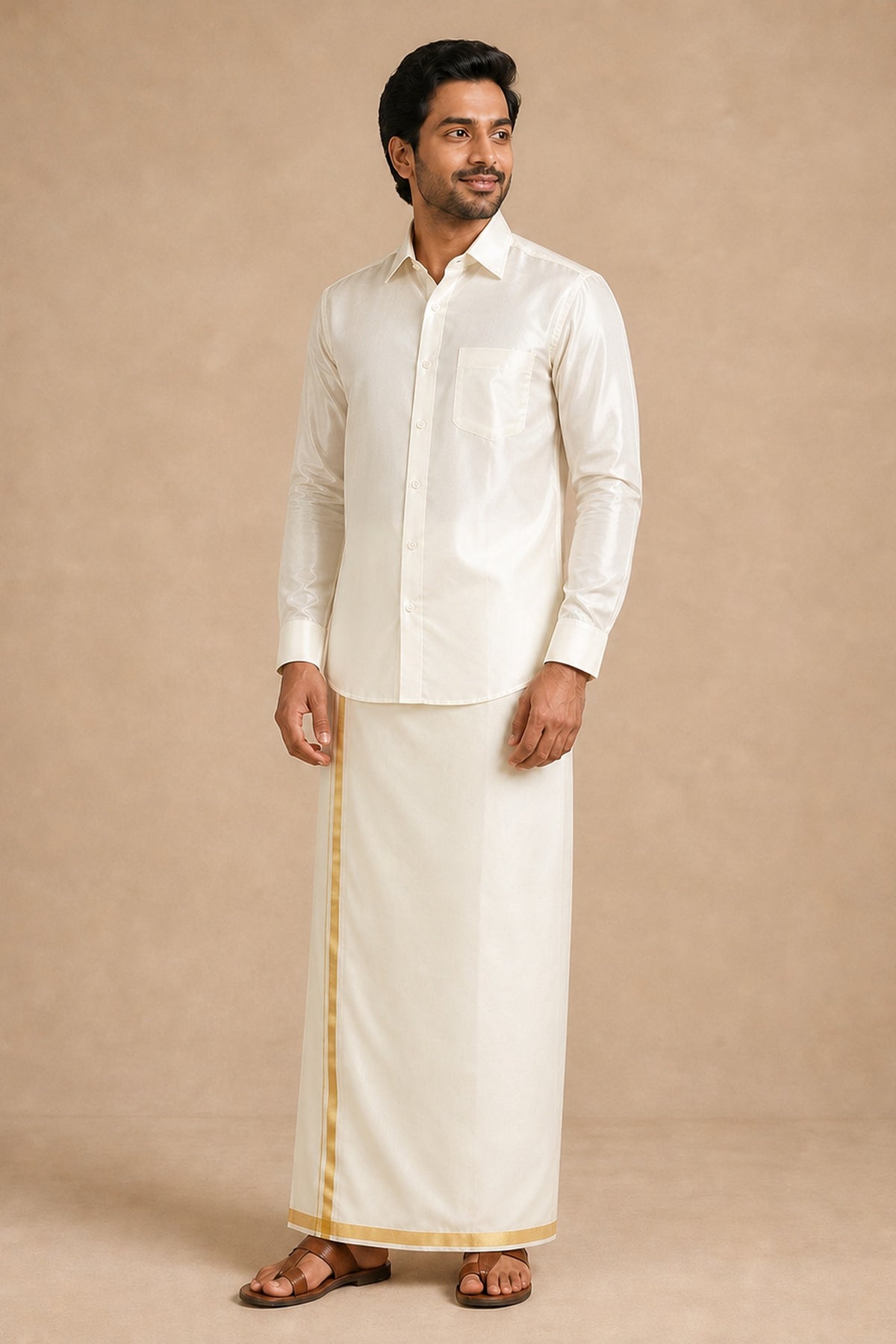 Pasuth cream silk shirt for men, worn with a cream gold-bordered veshti, full length front view on model