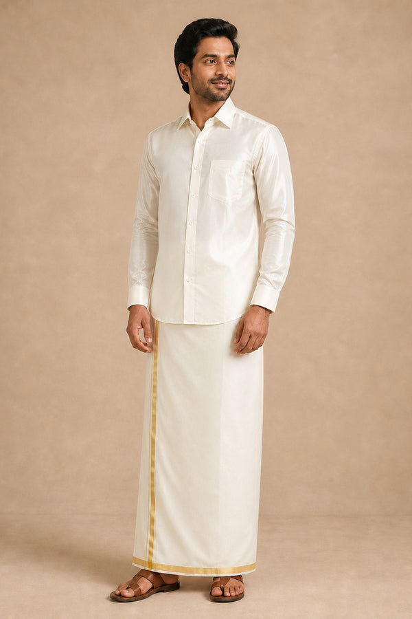 Pasuth cream silk shirt for men, worn with a cream gold-bordered veshti, full length front view on model