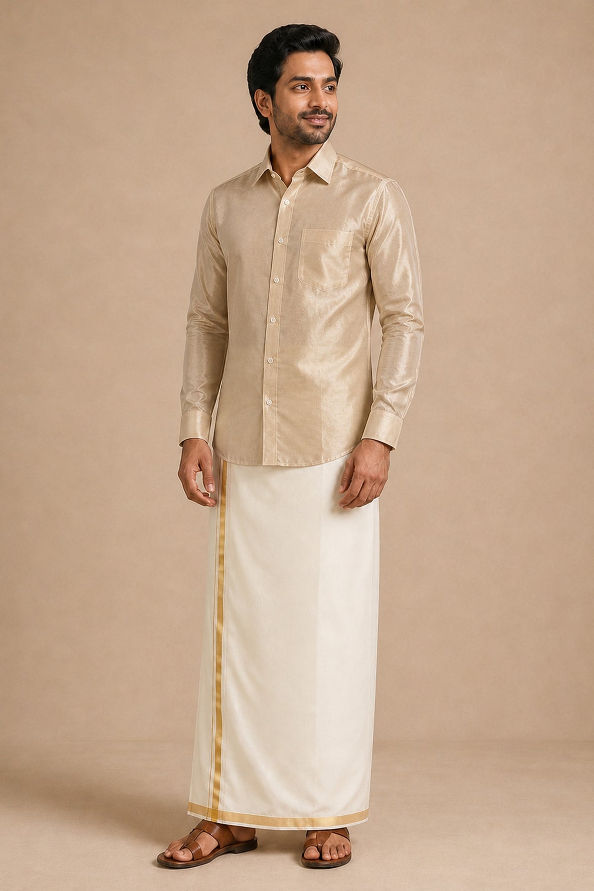 Pasuth gold tissue silk shirt for men with a tonal self-pattern, worn with a cream gold-bordered veshti, full length front view on model
