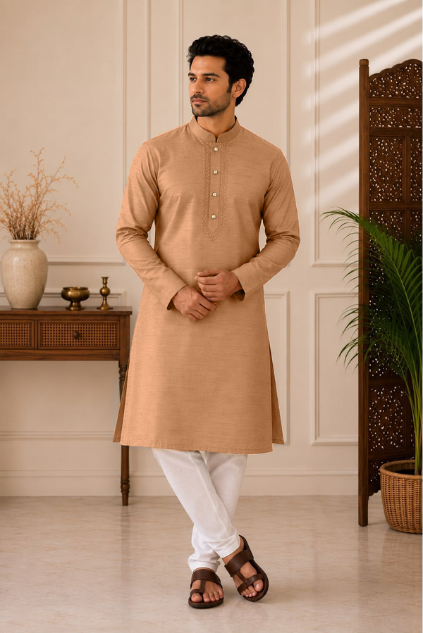 Silk Line Kurta - Regular Fit - Tobacco Brown
