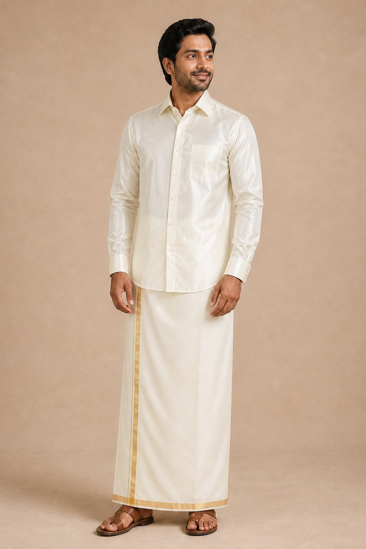 Rajavivaha cream silk shirt for men, worn with a cream gold-bordered veshti, full length front view on model