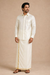 Rajavivaha cream silk shirt for men, worn with a cream gold-bordered veshti, full length front view on model