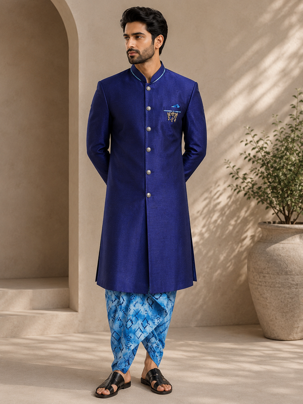 Royal Blue Indo-Western Sherwani Set with Printed Draped Dhoti for Men