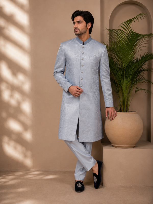 Steel Grey Blue Jacquard Sherwani for Men