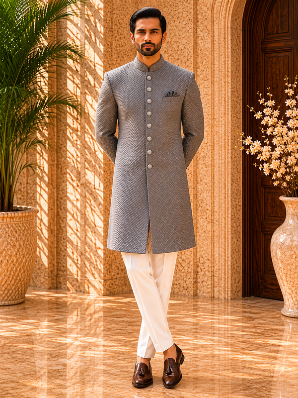 Silver Grey Textured Indo-Western Sherwani Set for Men