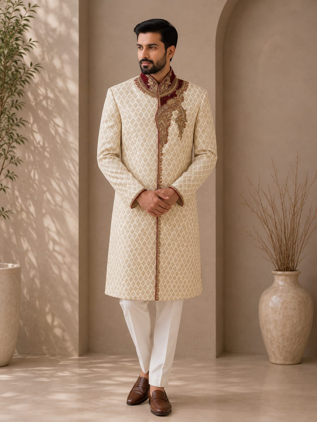 Royal Ivory Embroidered Wedding Sherwani for Men