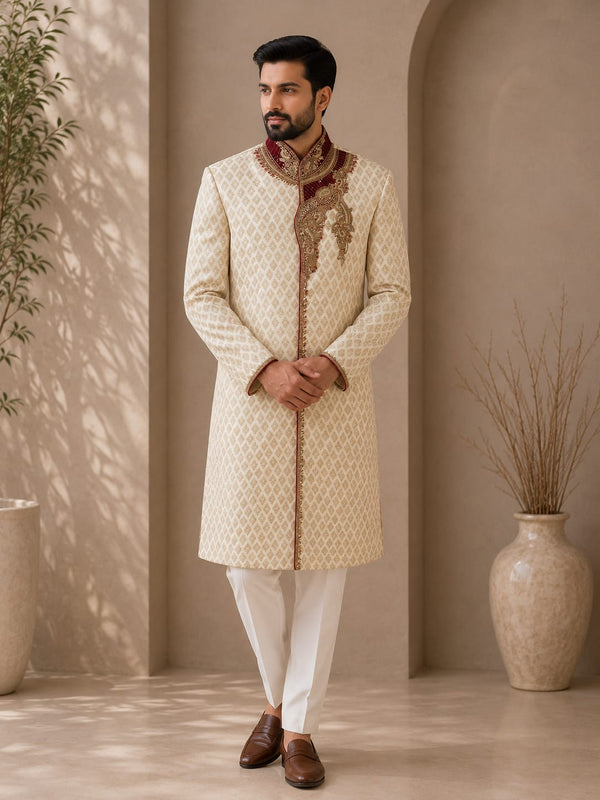 Royal Ivory Embroidered Wedding Sherwani for Men