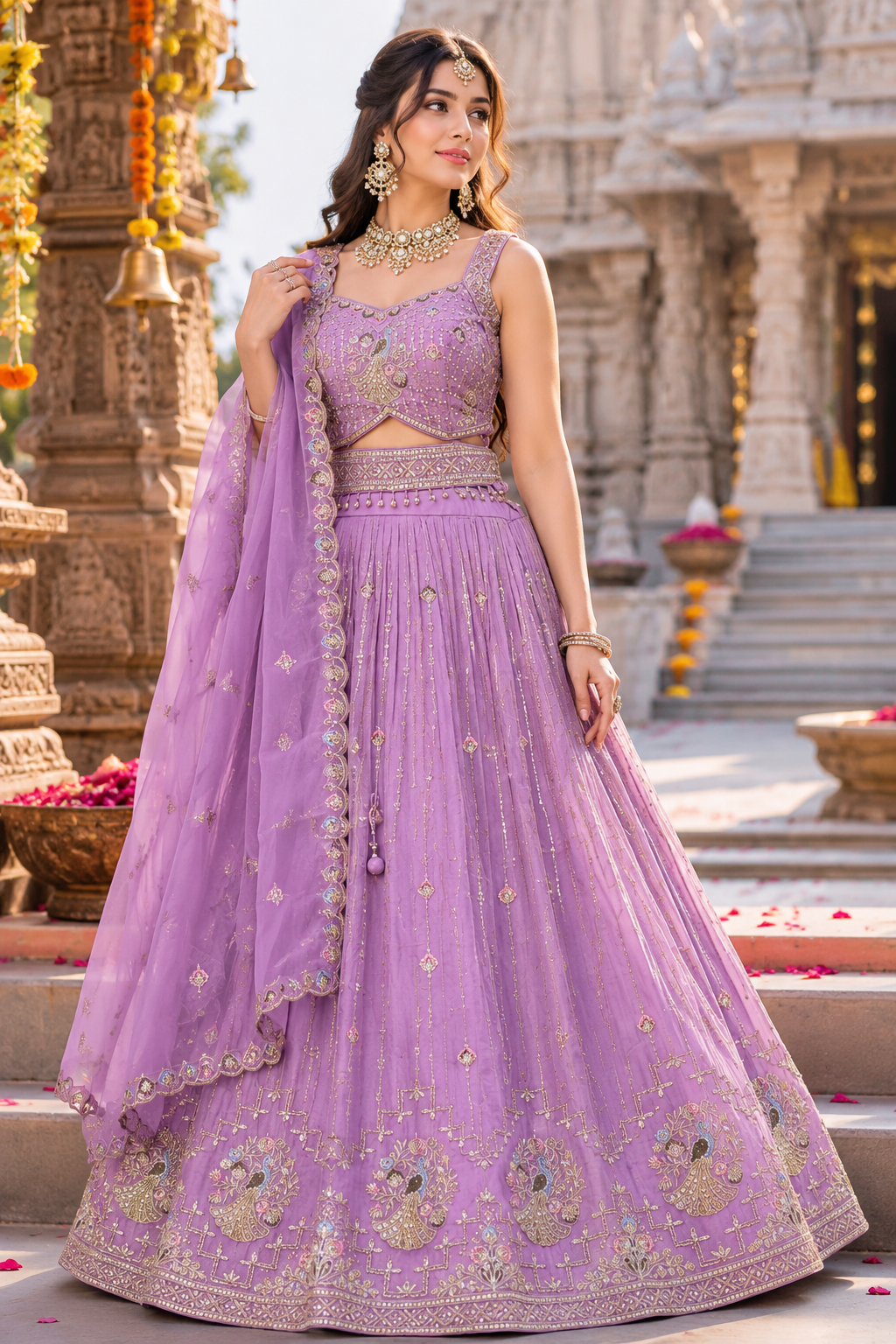 Lavender Peacock Embroidered Designer Lehenga Set