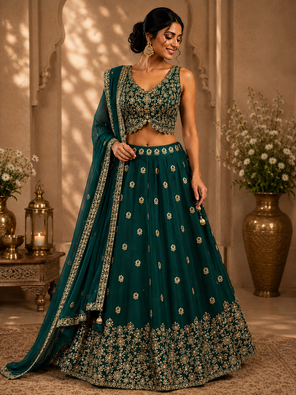 Emerald Green Designer Embroidered Lehenga Set with Scalloped Blouse & Dupatta