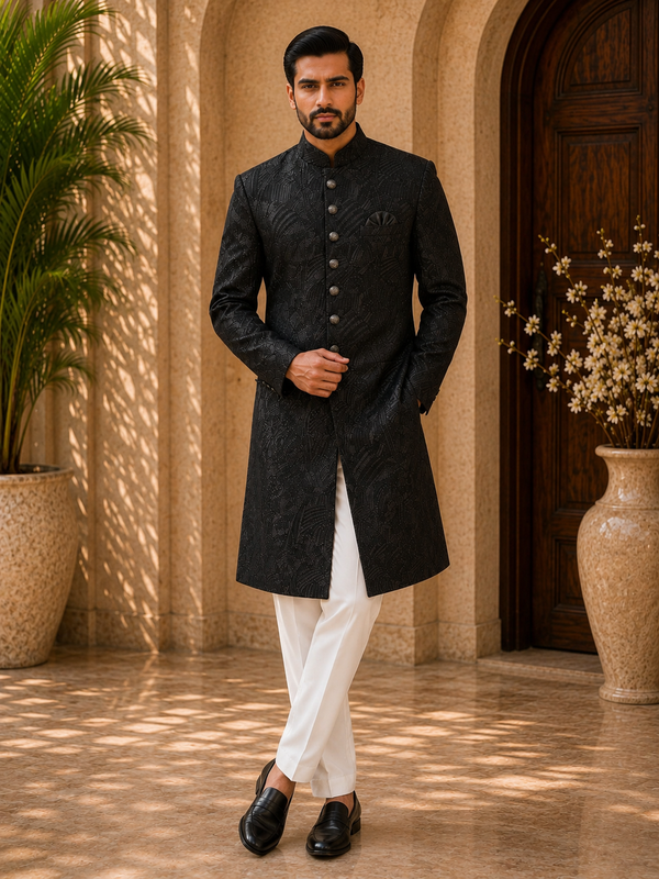 Regal Black Jacquard Sherwani Set