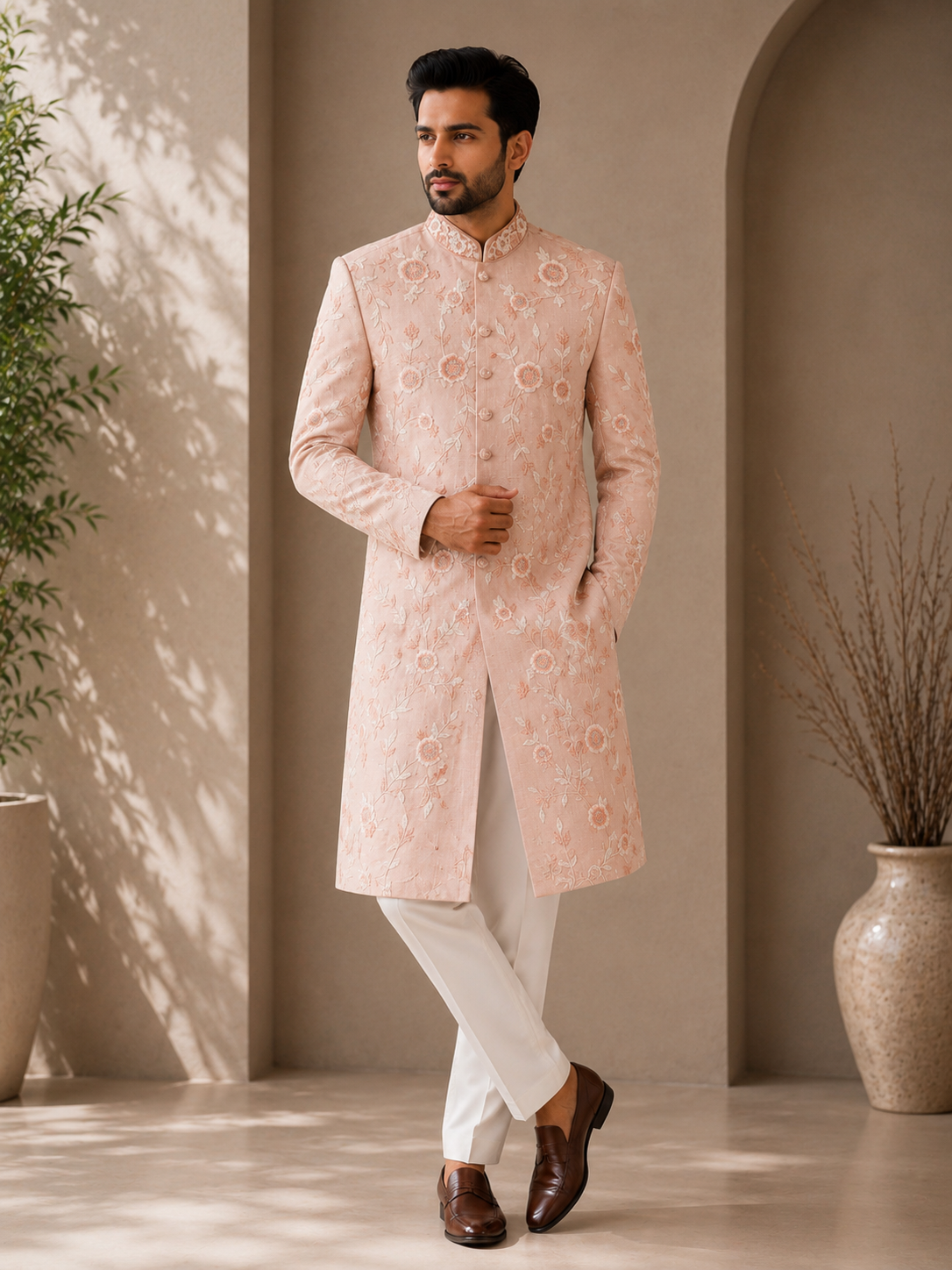 Blush Pink Floral Embroidered Sherwani for Men