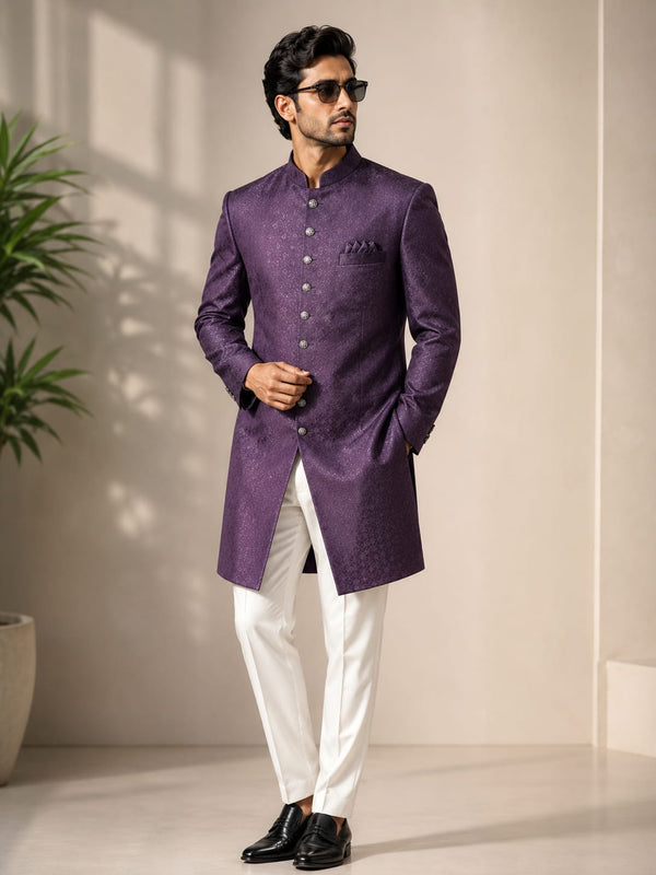 Royal Purple Jacquard Indo-Western Sherwani Set for Men