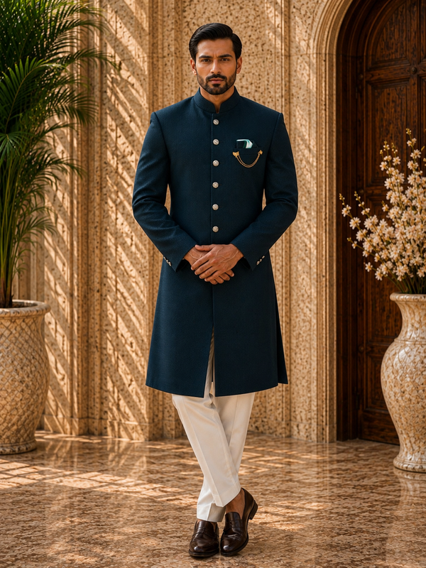 Elegant Teal Blue Indo-Western Sherwani Set for Men