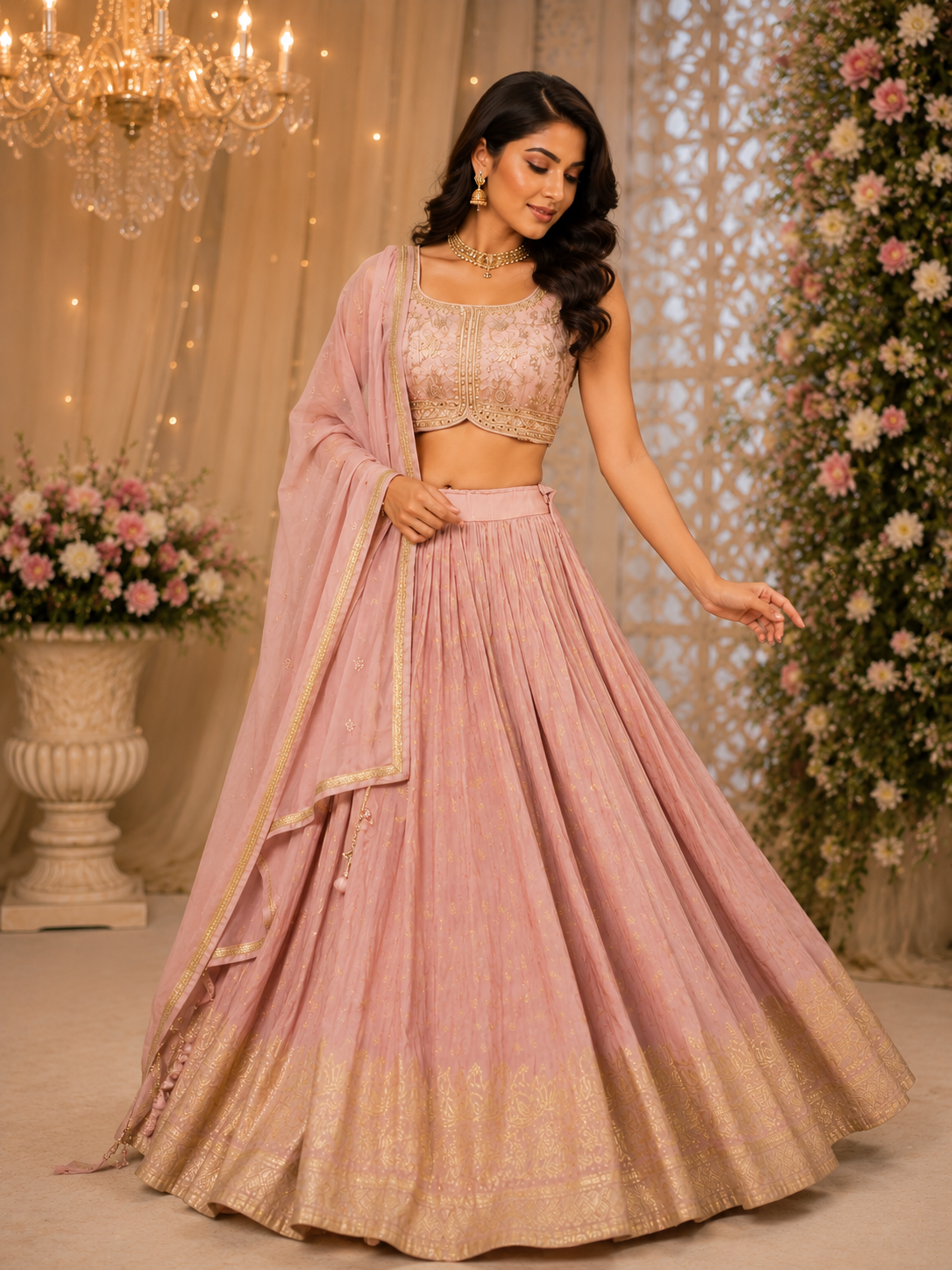 Blush Pink Designer Lehenga Set with Hand Embroidery & Gold Zari Border