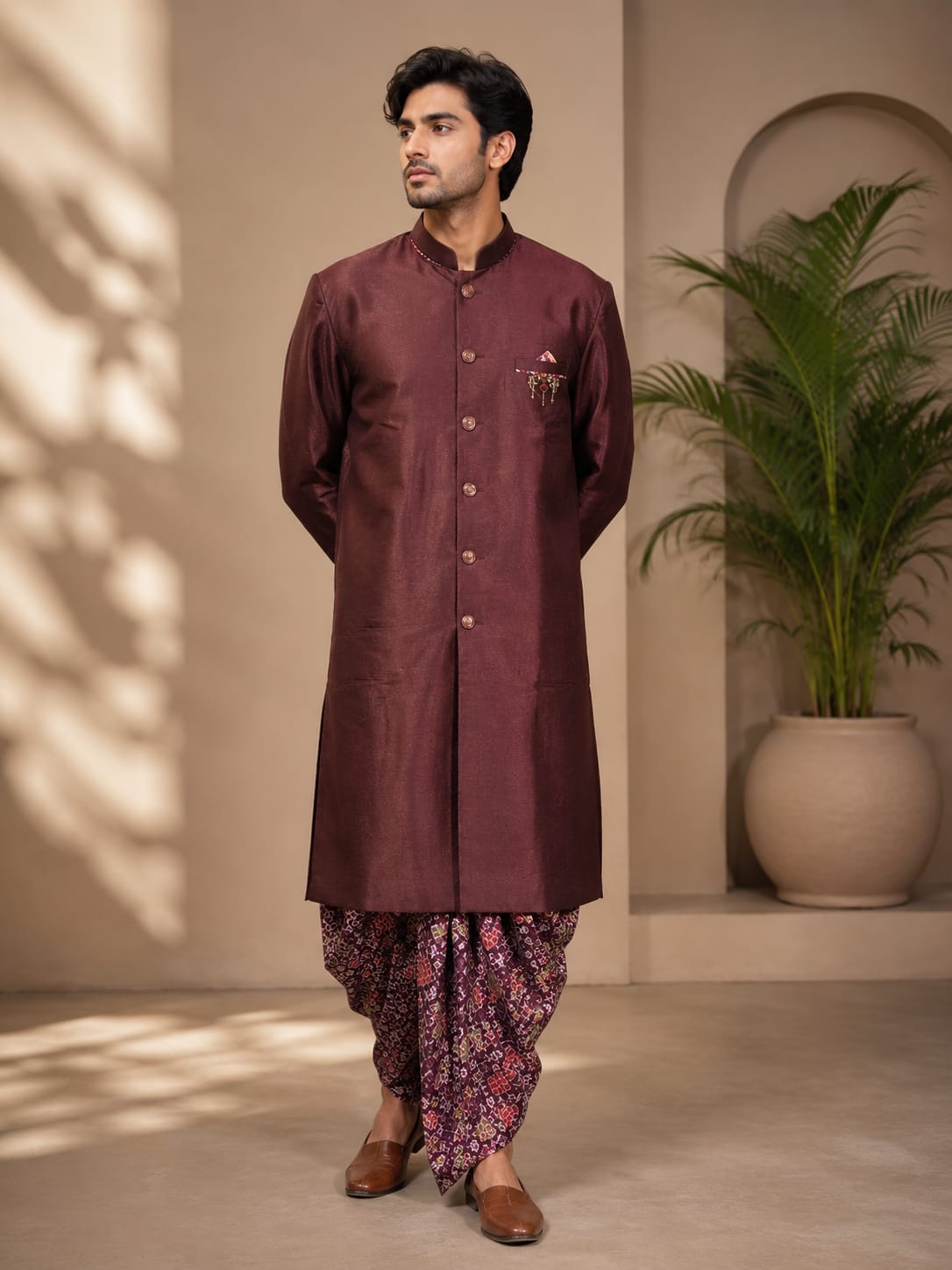 Royal Wine Sherwani with Printed Dhoti for Men