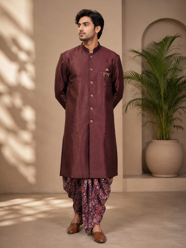 Royal Wine Sherwani with Printed Dhoti for Men