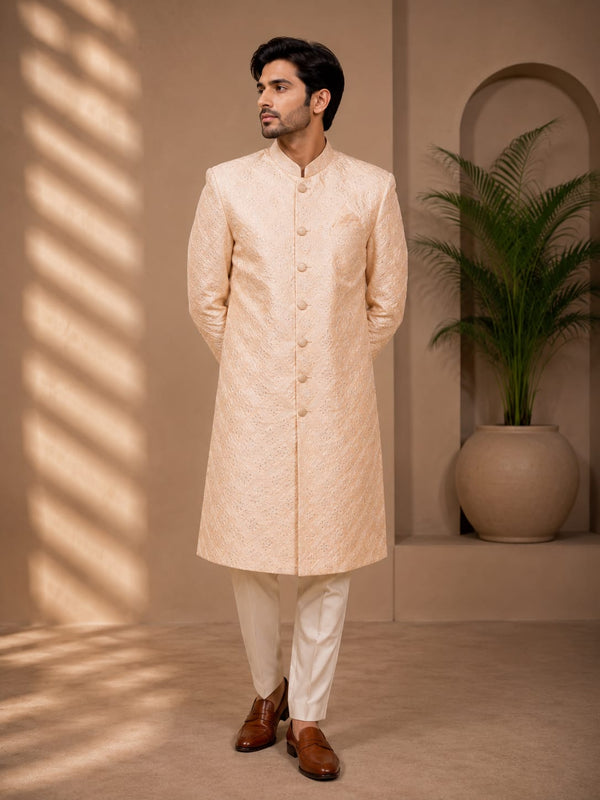 Elegant Peach Ivory Textured Sherwani for Men
