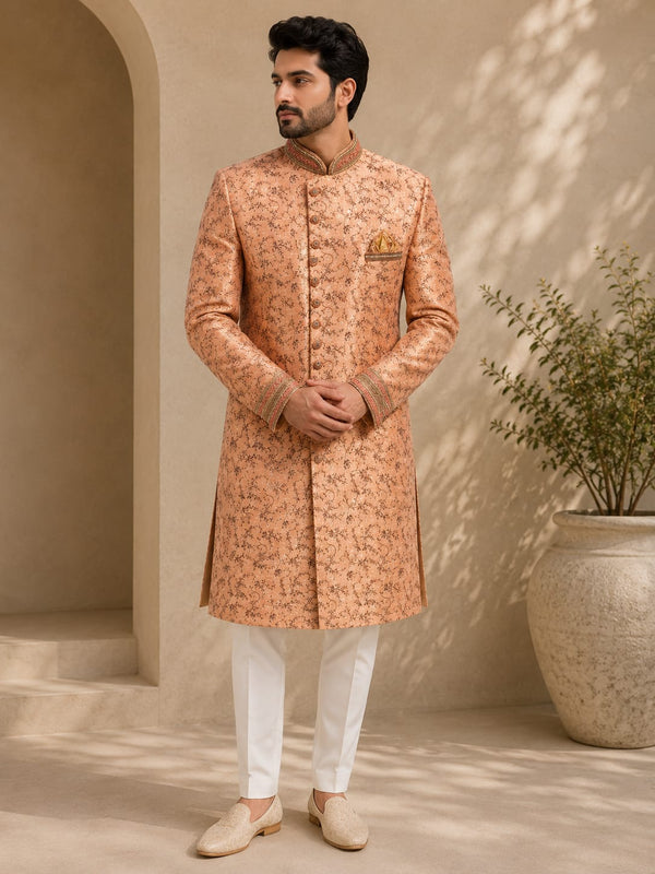 Royal Peach Floral Brocade Sherwani for Men