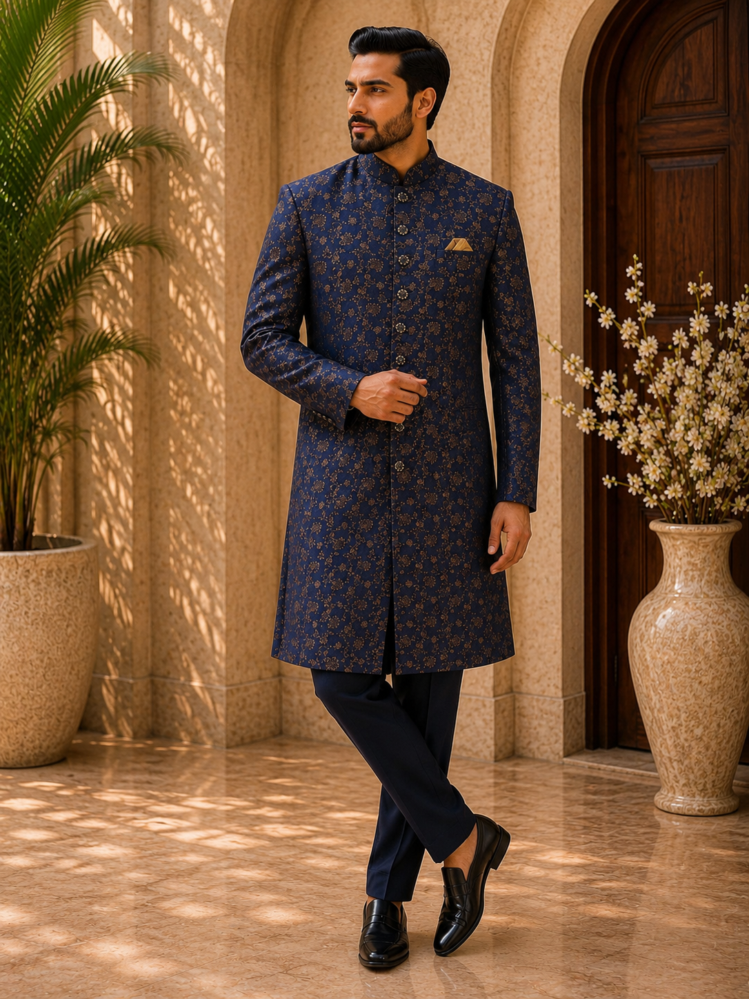 Royal Midnight Blue Floral Brocade Sherwani Set for Men