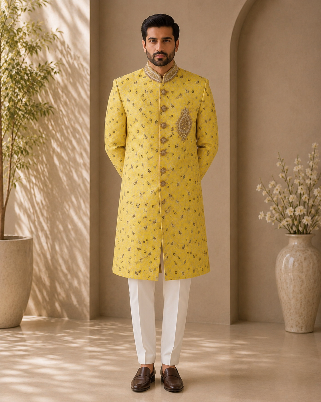 Royal Mustard Yellow Embroidered Sherwani for Men
