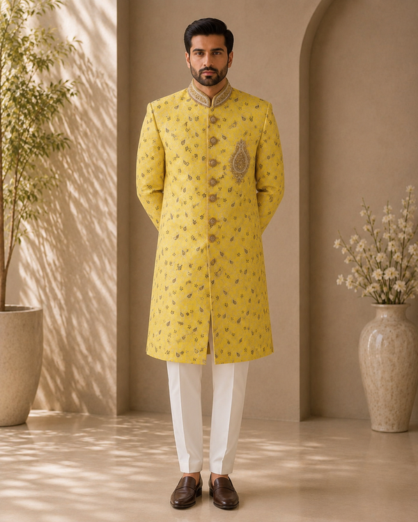 Royal Mustard Yellow Embroidered Sherwani for Men