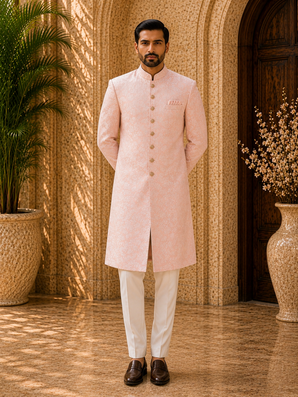 Blush Pink Embroidered Indo-Western Sherwani Set for Men
