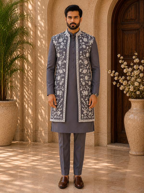 Slate Grey Indo-Western Sherwani Set with Embroidered Long Jacket for Men