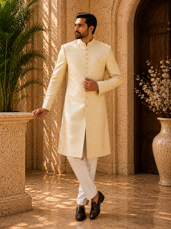 Champagne Gold Embroidered Indo-Western Sherwani Set for Men