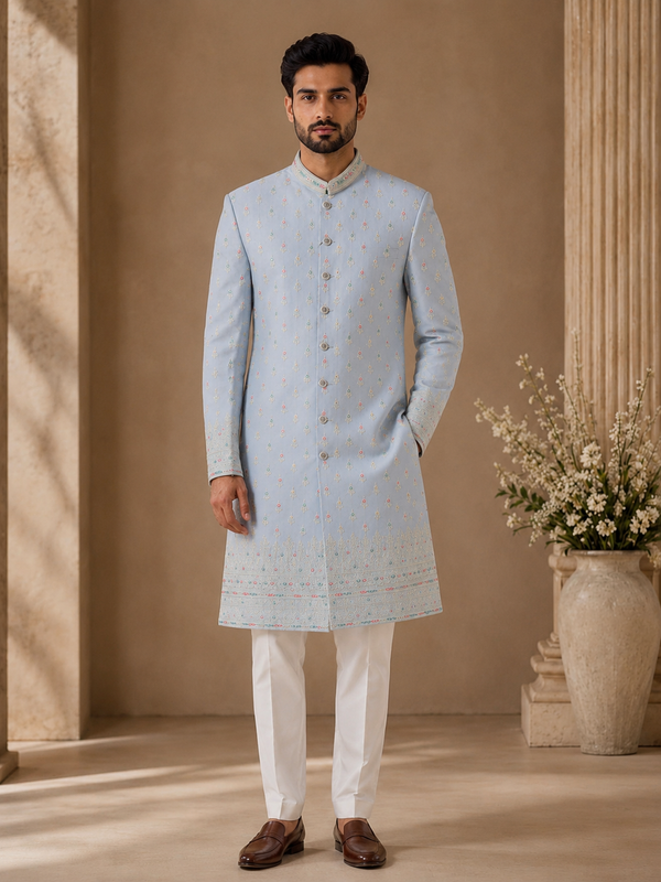 Elegant Sky Blue Embroidered Sherwani for Men